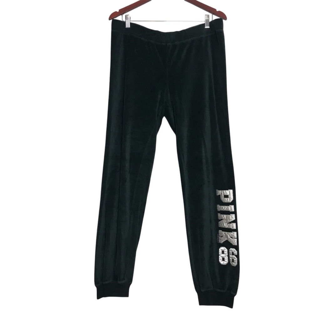 Victoria’s Secret Preppy Y2K Black Embroidered Velour Jogger Pant Womens Size L